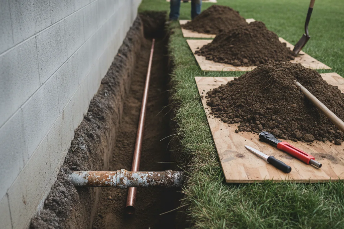 Excavated water line trench during Water Heater Repair in Port Gibson